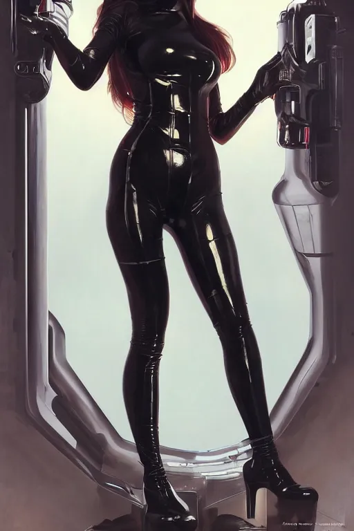 Prompt: Portrait of seductive but dangerous woman wearing a tight leather suit walking down a spaceship corridor with a flamethrower, sci-fi, detailed, oil painting, artstation, pixiv, Krenz Cushart, WLOP, Artgerm, Alphonse Mucha