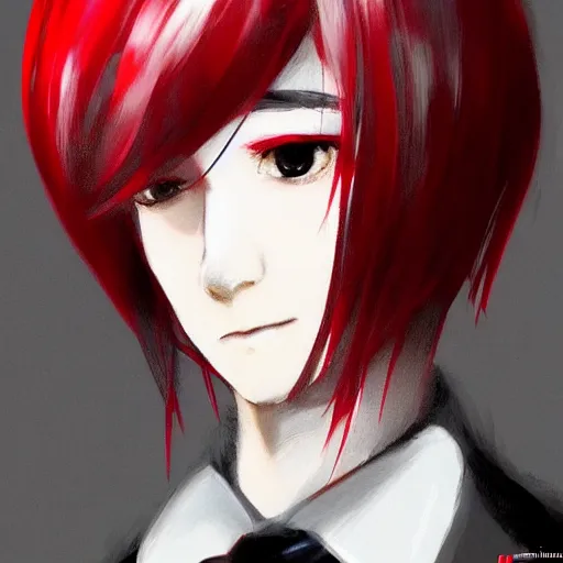 Image similar to full face shot of a handsome butler with straight black hair, a red streak in his hair, with black and red eyes, shy smile, fancy, ultra detailed, brush strokes, digital painting, cinematic, wlop artstation, pixiv, yoshitaka amano, andy warhol, ultra realistic,