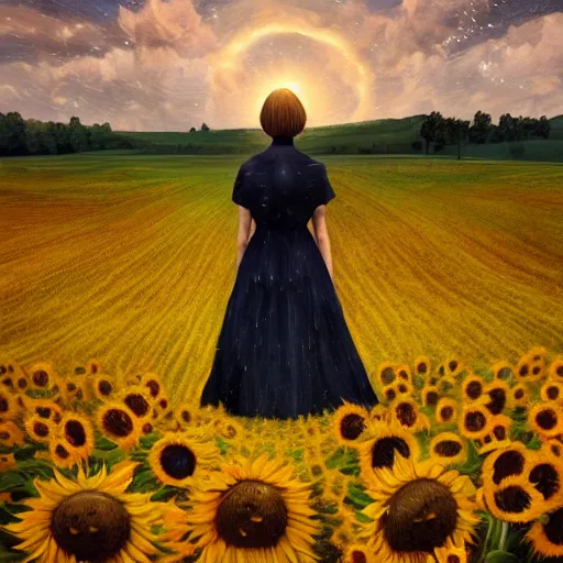 Prompt: huge sunflower as a face, girl walking in wheat field, hills, surreal photography, dark night, star trails, dramatic light, impressionist painting, clouds, digital painting, artstation, simon stalenhag