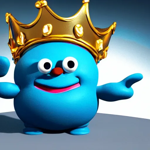 Prompt: blue blob character drooling while looking at the camera, wearing a golden crown, clay animation