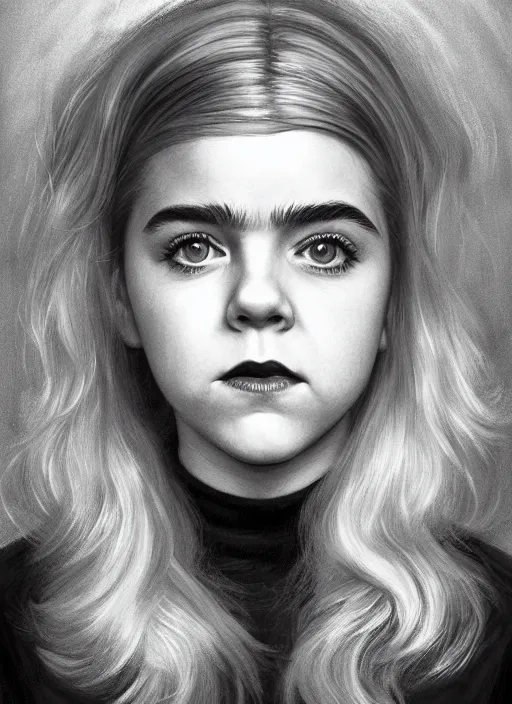 Image similar to full body portrait, kiernan shipka as sabrina spellman, white hair, obese, bangs, sultry, realistic, sultry smirk, fluffy bangs, curly bangs, fat, belly, intricate, elegant, highly detailed, digital painting, artstation, concept art, smooth, sharp focus, illustration, art by wlop, mars ravelo and greg rutkowski