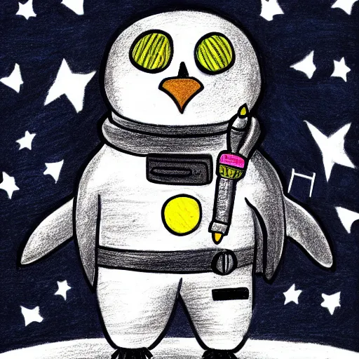 Image similar to cute drawing of a penguin on an astronaut suit, comic style