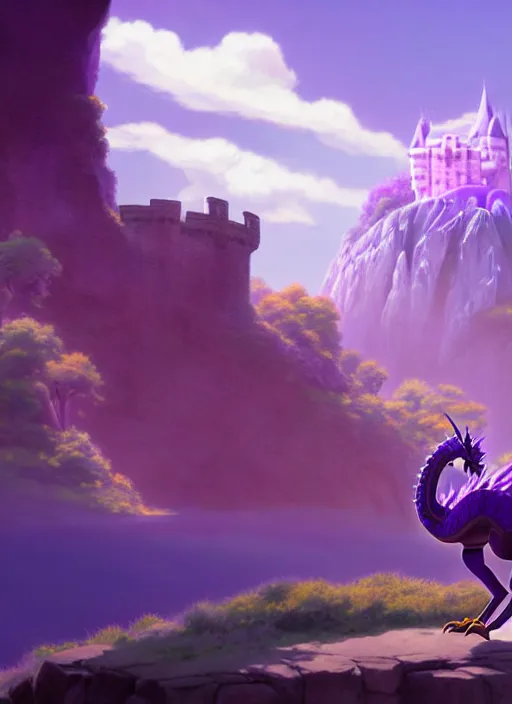 Image similar to a wholesome animation key shot of a purple dragon, castle in the background, studio ghibli, pixar and disney animation, sharp, rendered in unreal engine 5, anime key art by greg rutkowski, bloom, dramatic lighting