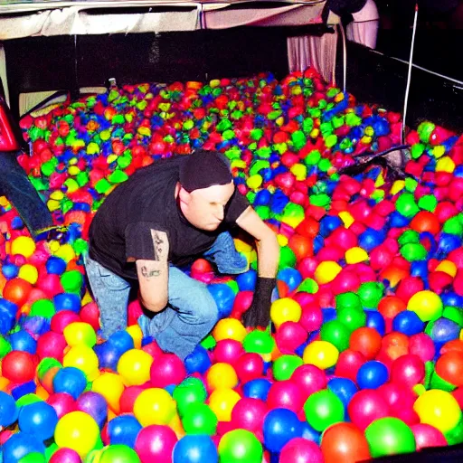 Image similar to photo of Limp Bizkit performing a concert in a McDonald's ball pit, 2002