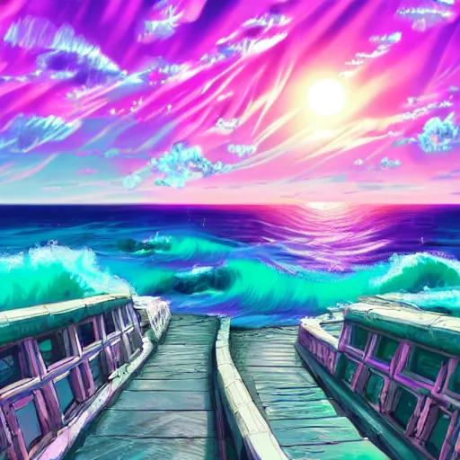 Image similar to a ancient pathway over the sea, vaporwave, retrowave epic art, trending on art station