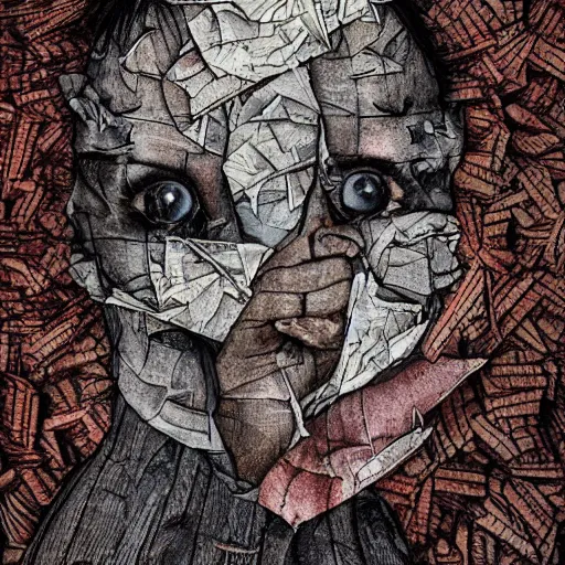 Prompt: face shredded like paper, dark horror, surreal, illustration, by alley burke