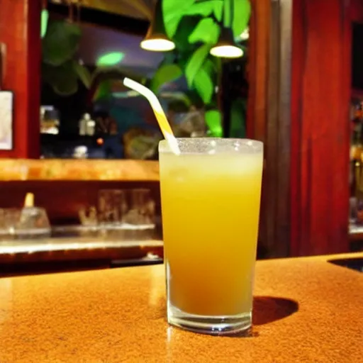 Prompt: ”tropical drink in bar counter”