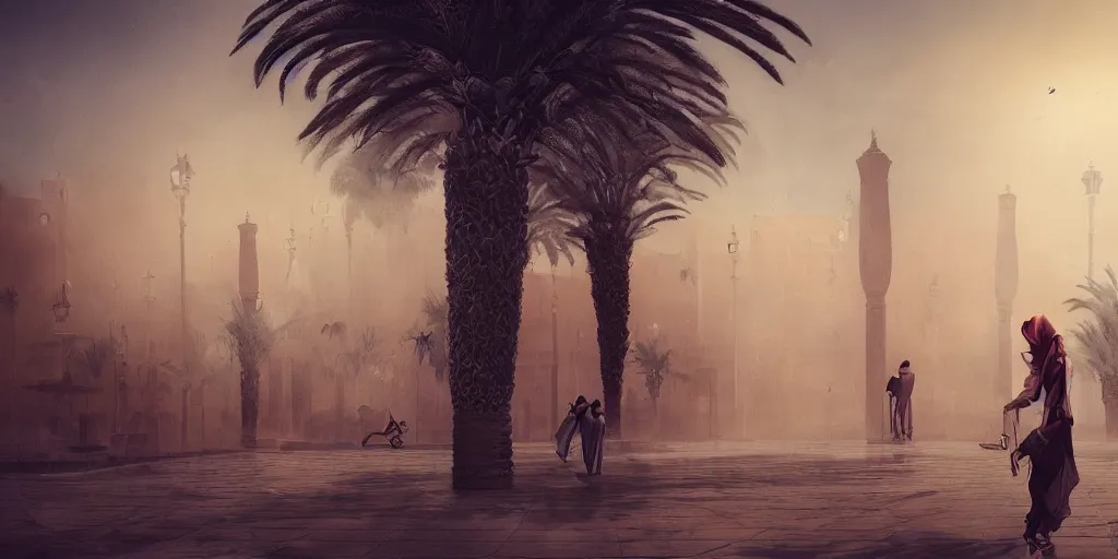 Image similar to sandstorm in marrakech, palm trees, moroccan mosque, wlop, james jean, tom bagshaw, rococo, trending on artstation, fantasy, intricate, elegant, highly detailed, digital painting, concept art, smooth, illustration, cinematic lighting, hyper realism, octane render, 8 k, hyper detailed.