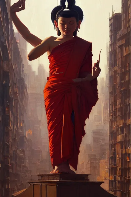 Image similar to city, buddhism, taoism, painting by greg rutkowski, j. c. leyendecker, artgerm