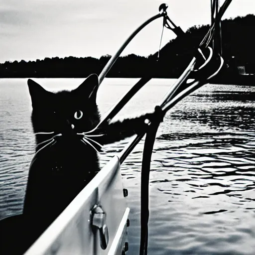 Image similar to fisherman cat, cat fishing from boat, 35 mm photo