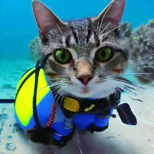Image similar to cat wearing diving gear swimming in ocean, gopro footage 4k