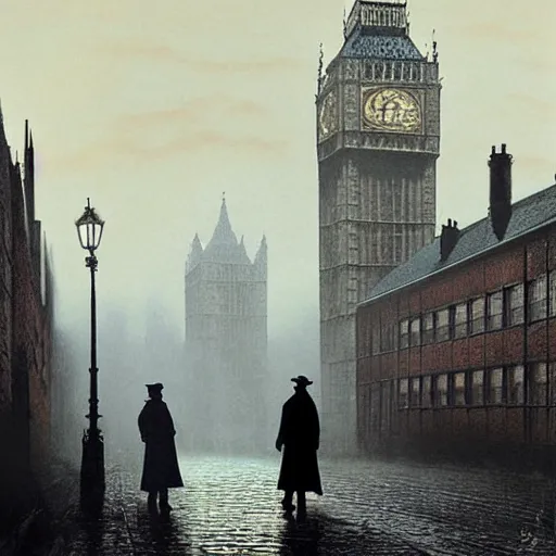 Image similar to Mads Mikkelsen as Sherlock Holmes and John Candy as John Watson walking on the misty streets of London looking for Jack the Ripper, artwork by John Atkinson Grimshaw