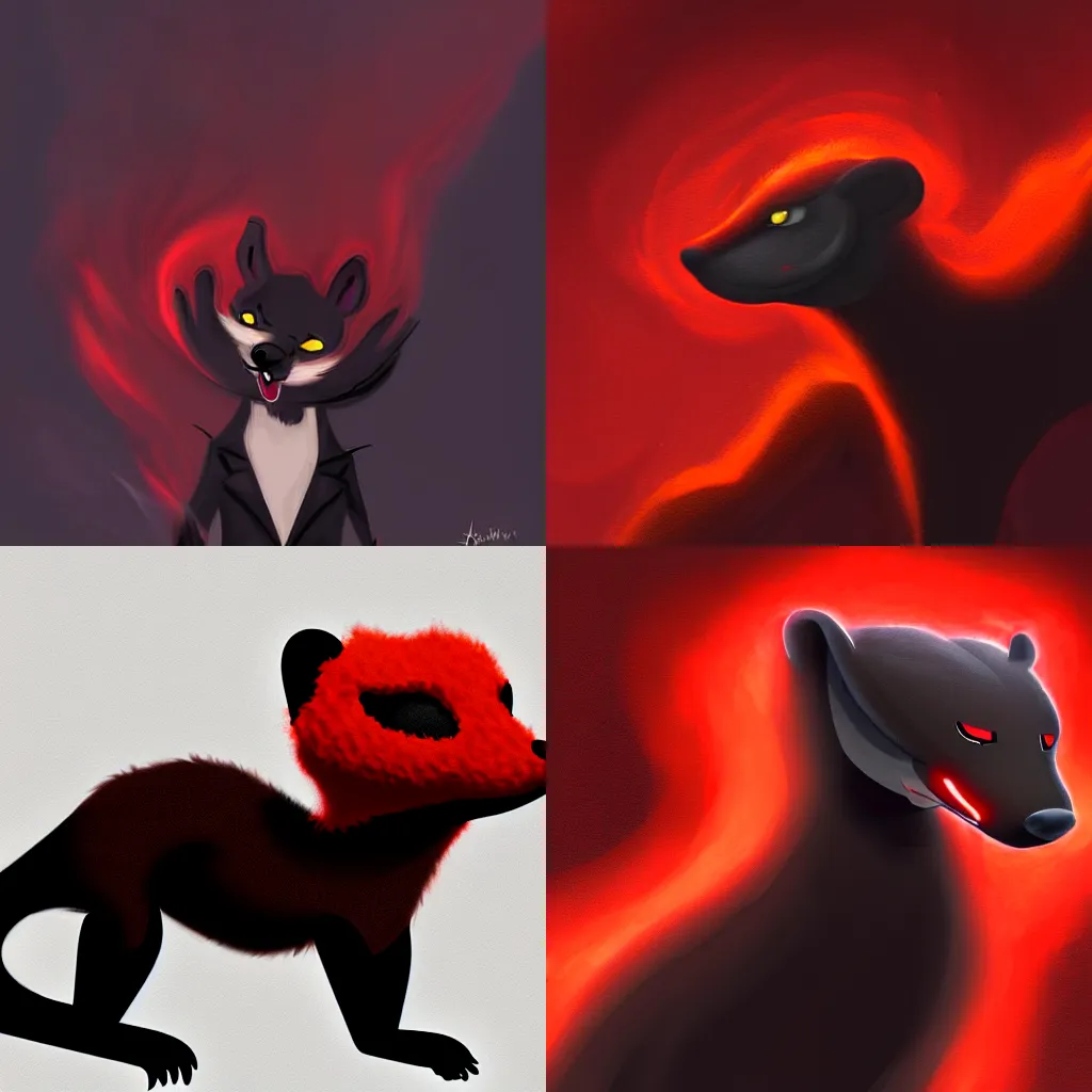 Prompt: anthropomorphic red / black furry weasel / stoat furry fursona, furry fandom detailed concept art, haunted eyes, engulfed in a dark cloud of ominous smoke