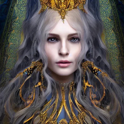 Image similar to highly detailed sharp photorealistic portrait of a beautiful lithuanian female priestess with shimmering hair, symmetrical face and eyes, dressed in intricate flowing silk, the silky cloth lined with golden glowing letters, cgsociety, Elden Ring, Dark Souls, Bloodborne H 640