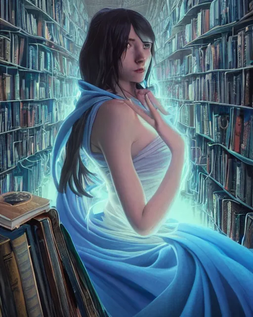 Image similar to highly detailed surreal vfx portrait of a female mage with a blue cape in a labyrinth of books, stephen bliss, unreal engine, greg rutkowski, loish, rhads, beeple, makoto shinkai and lois van baarle, ilya kuvshinov, rossdraws, tom bagshaw, alphonse mucha, global illumination, detailed and intricate environment