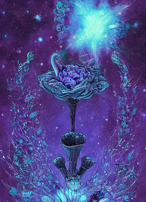 Image similar to detailed, intricate blue black and purple papaverum flower on the field, nebula, galaxy in the sky, winning award masterpiece, fantastically beautiful, illustration, aestheticly inspired dan mumford, upscale with anguissola sofonisba work, artstation, 8 k