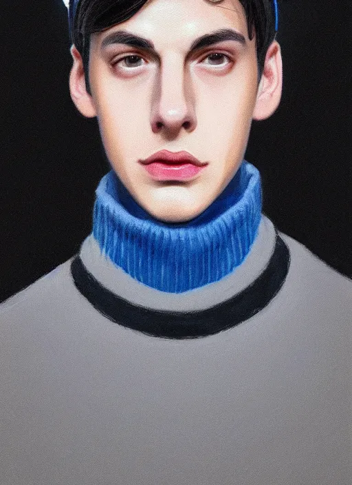 Image similar to portrait of teenage jughead jones wearing a light grey crown, crown, blue turtleneck, 1 9 5 0 s, closed eyes, photorealistic, black hair, glowing lighting, intricate, elegant, glowing lights, highly detailed, digital painting, artstation, concept art, smooth, sharp focus, illustration, art by wlop, mars ravelo and greg rutkowski