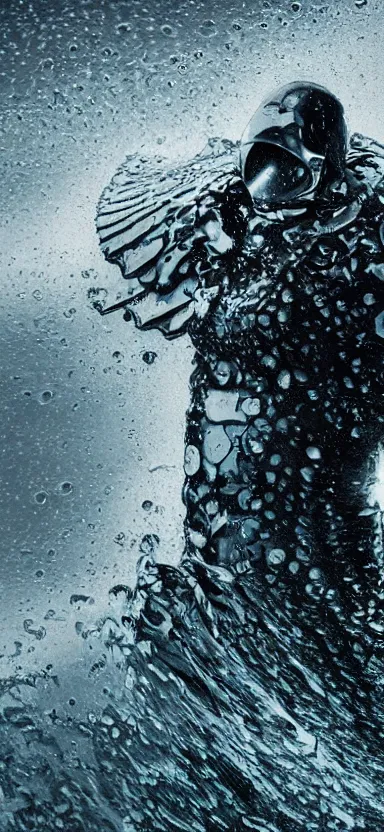 Image similar to suit of armor made of liquid, rising up from lake, water armor, norway fjord, medium close up portrait, water armor, studio lighting, stormy seas, beautiful, bokeh, snowy, storm clouds, god rays, d & d, fantasy, elegant, low key color palette, concept art, roger deakins and greg rutkowski and alphonse mucha