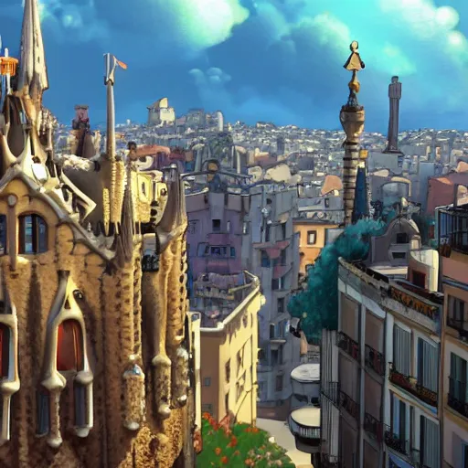 Prompt: a shot of a barcelona as a baroque city in howl's moving castle movie, movie shot, anime, hightly detailed, rescalated 4 k, detailed