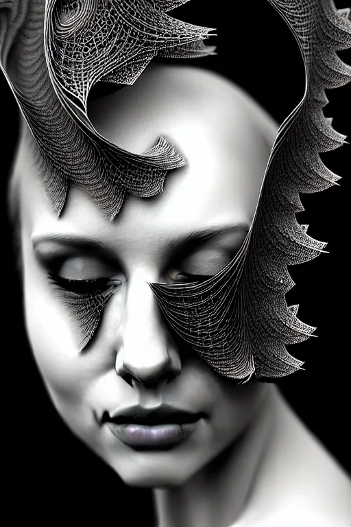 Image similar to portrait of a young beautiful woman with a mask. contemporary photograph and speed painting and fractal and mandelbulb and lines and scribble art. black and white, black on black. intricate, elegant, super highly detailed, professional digital painting, concept art, smooth, sharp focus, no blur, no dof, extreme illustration, Unreal Engine 5, Photorealism, HD quality, 8k resolution, 3D, beautiful, cinematic, art