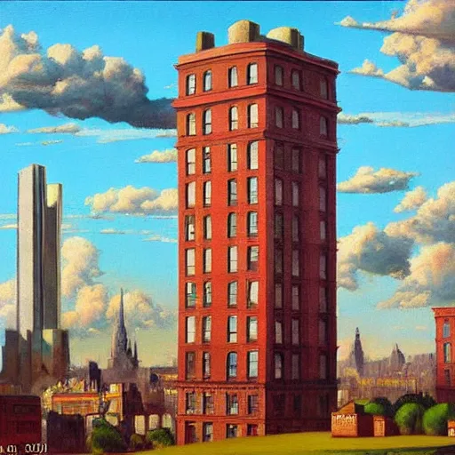 Prompt: brick skyscraper apartment building architectural marvel in london sky colourful beautiful day clouds double-decker buses london cab Edward hooper oil painting