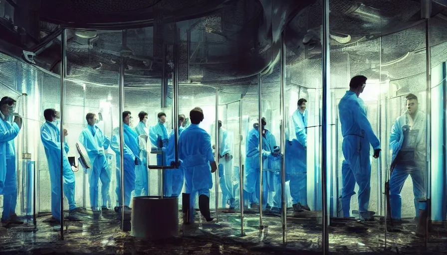 Prompt: men immersed in laboratory glass tanks, blue color scheme, digital illustration, dramatic lighting, cinematic composition, concept art, detailed textures