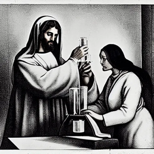 Prompt: a female professor and jesus in a university chemistry lab, running the experiment that proofs jesus transubstantiation ; surrealistic