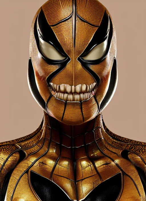 Prompt: frontal portrait of a emotional muscular female venom from spiderman, hyper realistic, designed by makoto kobayashi and luca zampriolo, portrait, sexy style, wood and gold details, intricate, extremely detailed, ornate, deep of field, hard surface, exoskeleton, substance designer metal unreal engine. amazing likeness. very detailed.