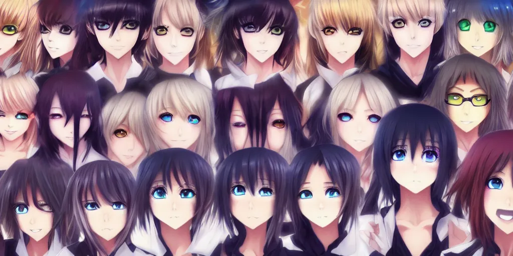 Image similar to there were eight anime people, no more than eight. Less than nine but more than seven, eight eight eight, 2 girls 6 guys digital art beautiful eyes beautiful face 8k detailed