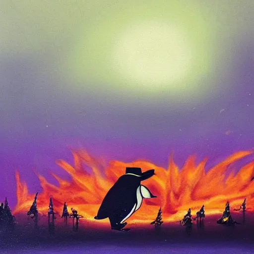 Prompt: penguin with a hat is looking at a burning forest which is sadly beautiful, dystopian cinematic painting, k high detail, with radioactive rain and purple lightnings