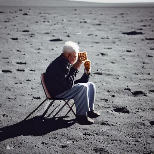 Image similar to an elderly man eating an ice cream on the surface of the moon, 🌕, 🍦, canon eos r 3, f / 1. 4, iso 2 0 0, 1 / 1 6 0 s, 8 k, raw, unedited, symmetrical balance, wide angle