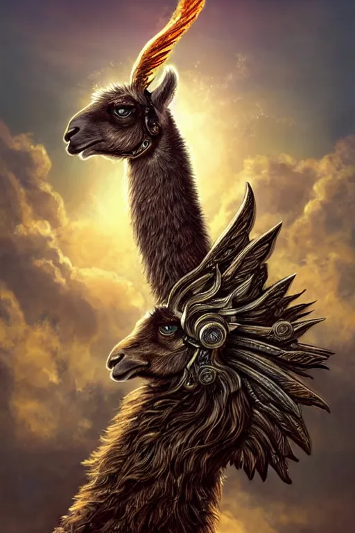 Image similar to A beautiful fierce llama angel with wings, wearing metal battle armor and a flaming sword, among heavenly sunlit clouds, close-up, intricate anthro llama portrait, elegant, digital painting, golden hour photo, cinematic, trending on artstation, anthro concept art, smooth, sharp focus, llama, illustration, art by artgerm and Greg Rutkowski and Alphonse Mucha, daily deviation, llama