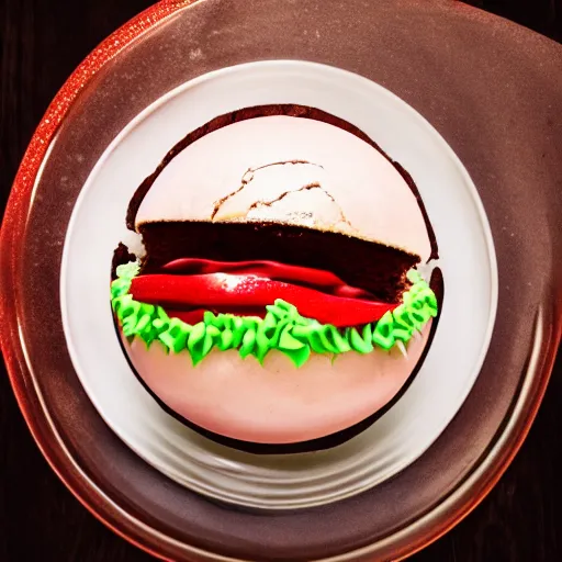 Prompt: cake decorated like a hamburger, editorial photography, photography, photoshoot, global illumination, ice cream, 8 k, food network