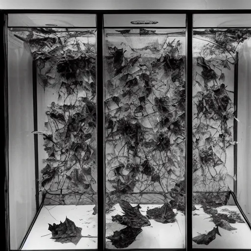 Prompt: spooky creepy liminal space, display case, aquatic exhibition science museum, dried cracked aquarium, covered in leaves, computer screens, photo taken on 1 9 8 0 s fujifilm superia