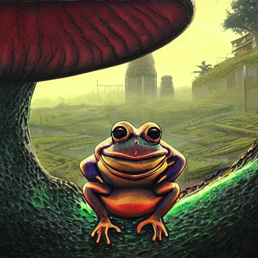 Prompt: A centered chest up portrait of a psychedelic godlike anthropomorphic frog smoking a hand-rolled cigarette , magic mushroom village in background . award winning. superb resolution. in the art style of junji Ito and greg rutkowski . Detailed Mushroom city in background. Hyper realistic anime. Perfect art. Dalle2