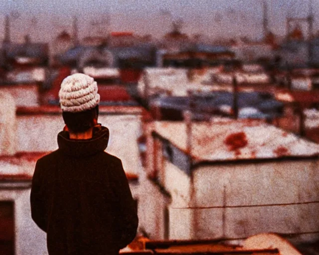 Image similar to lomo photo of man standing on the roof of soviet hrushevka, small town, cinestill, bokeh, out of focus