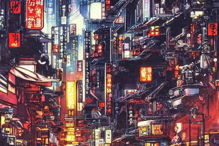 Image similar to 1 9 7 9 science fiction depicting mechwarrior walking at street level in neo - tokyo with beautiful scenery. art by tim conrad and vic bonilla