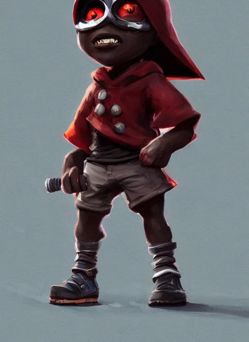Image similar to a highly detailed illustration of a little black boy and has only one leg, red hood and a pipe smoking in his mouth, cute, highly detailed, centered, digital painting, artstation, concept art, smooth, sharp focus, league of legends concept art, wlop