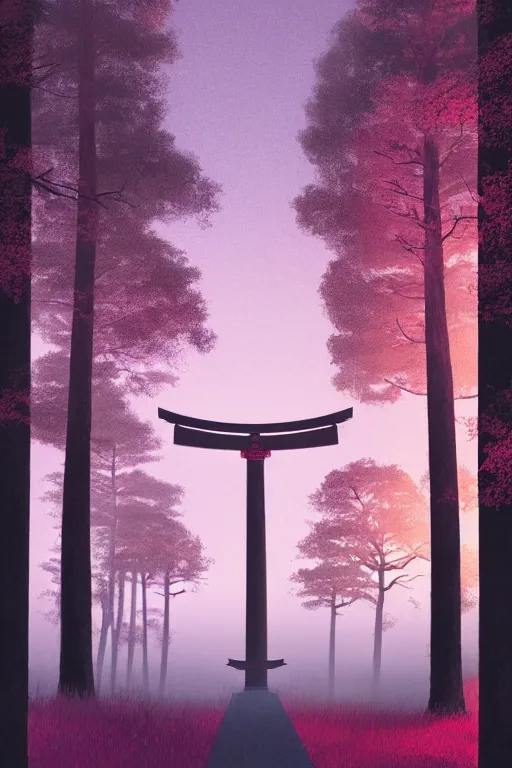 Prompt: Japanese Torii in the center of the picture , torii in a moutain with trees ,night , by Grzegorz Rutkowski, concept art, pink scheme,horizontal symmetry