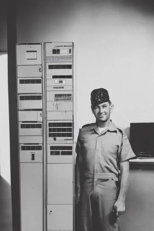 Prompt: extremely arrest photo of the programmer who killed the middle manager who bought an ibm mainframe and actually thought that was a good idea. high contrast color, orange jumpsuit, absolutely no regrets, smile on his face