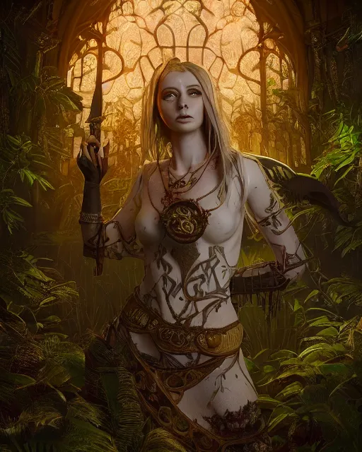 Image similar to Beautiful art portrait of Melissa Rquch as a fantasy gothic priestess in a bright temple surrounded by lush forest, atmospheric lighting, intricate detail, cgsociety, hyperrealistic, octane render, RPG portrait, ambient light, dynamic lighting