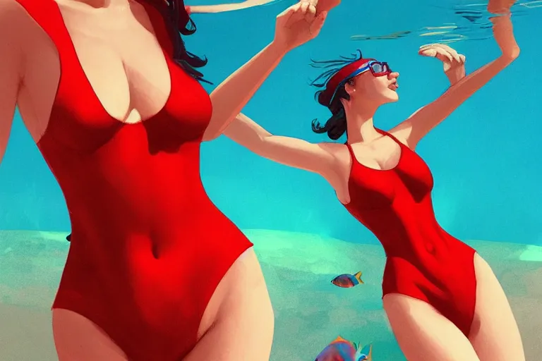 Image similar to fishes swim around woman in red swimsuit, highly detailed, smooth, sharp focus, concept art, illustration, beautiful, geometric, trending on artstation, cinematic, behance featured, artwork by Bowater, Charlie