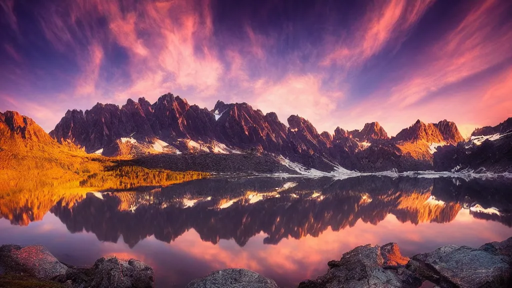 Image similar to amazing landscape photo of mountains with lake in sunset by marc adamus, beautiful dramatic lighting