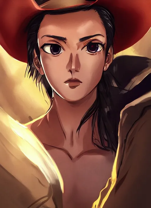 Image similar to a portrait one person, complexity, global lighting, detail, ultra sharpness, beautiful female sheriff body from games yoshihiro togashi style, big eyes, plump lips, a gunshot, global lighting, western saloon theme, detailed faces, blank faces, style by cain kuga, cowboy bebop art style