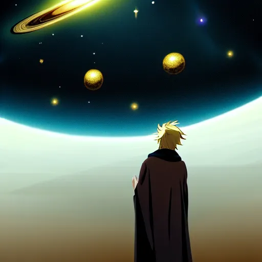 Prompt: a man with with brown hair, wearing a black robe with the tips made of gold, setting in space with a galaxy in the backround, anime, trending on artstation, high quality