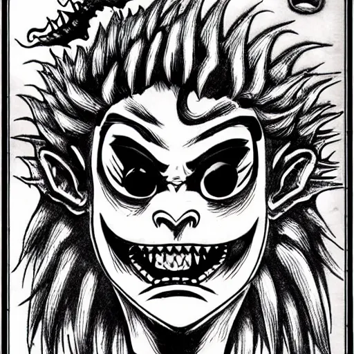 Prompt: a horrifying oni mask drawn by junji ito, scary, demonic, black and white, red eyes, oni