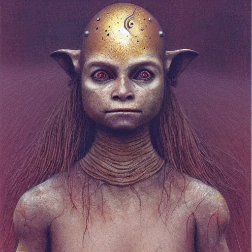 Prompt: portrait of ethereal young cute funny goblin warrior-princess in golden armour by Beksinski