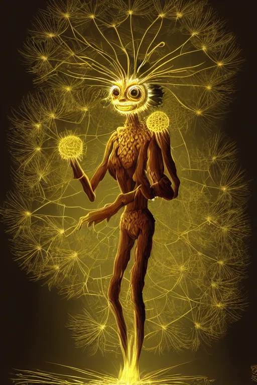 Image similar to a glowing humanoid figure dandelion monster with large glowing eyes, highly detailed, digital art, sharp focus, trending on art station, artichoke, anime art style