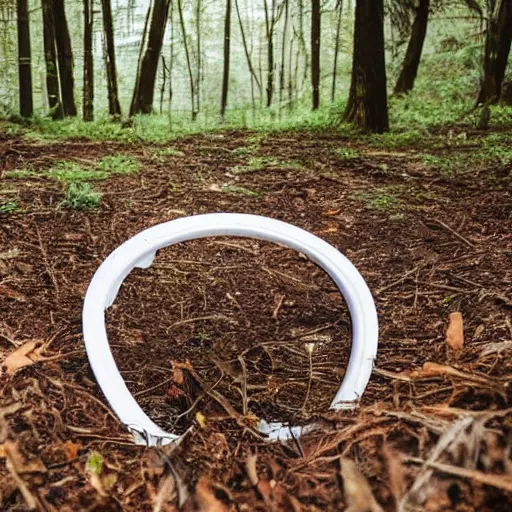 Prompt: an open toilet seat in the middle of the clearing of a forest