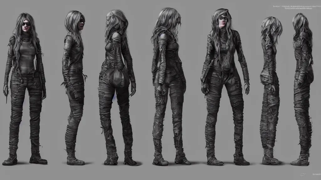 Prompt: character sheet for a grey long haired beautiful realistic female for futuristic baggy dark grey jacket oakley glasses military boots dystopian mad max like fashion brand demobaza on an alien planet, impact by craig mullins, by studio ghibli, digital art, trending on artstation, hd, 8 k, highly detailed, good lighting, beautiful, masterpiece